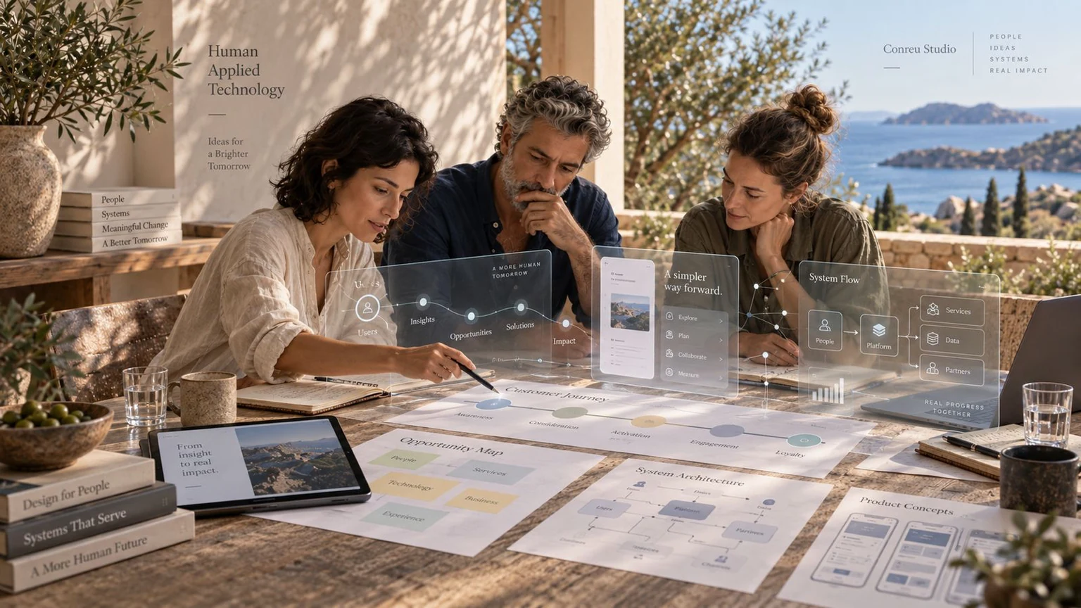 Tres personas contrastan mapas de oportunidad y prototipos en una mesa abierta al mar, con diagramas transparentes de journeys y sistemas.